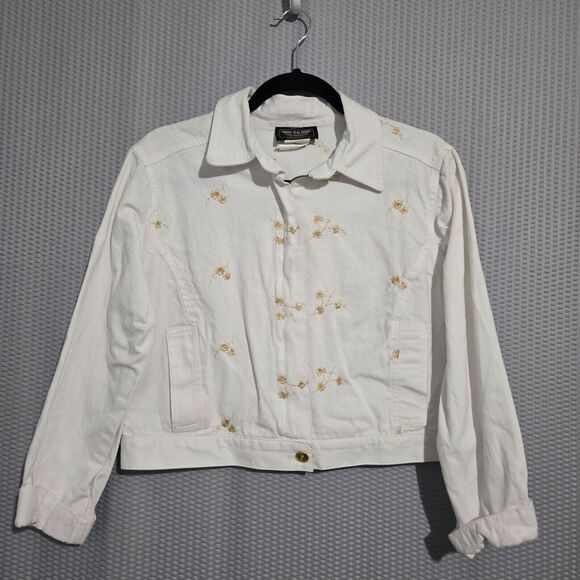 Vintage PG Collections Womens White Floral Embroidery Zip Up Denim Jacket Size S - Picture 1 of 6